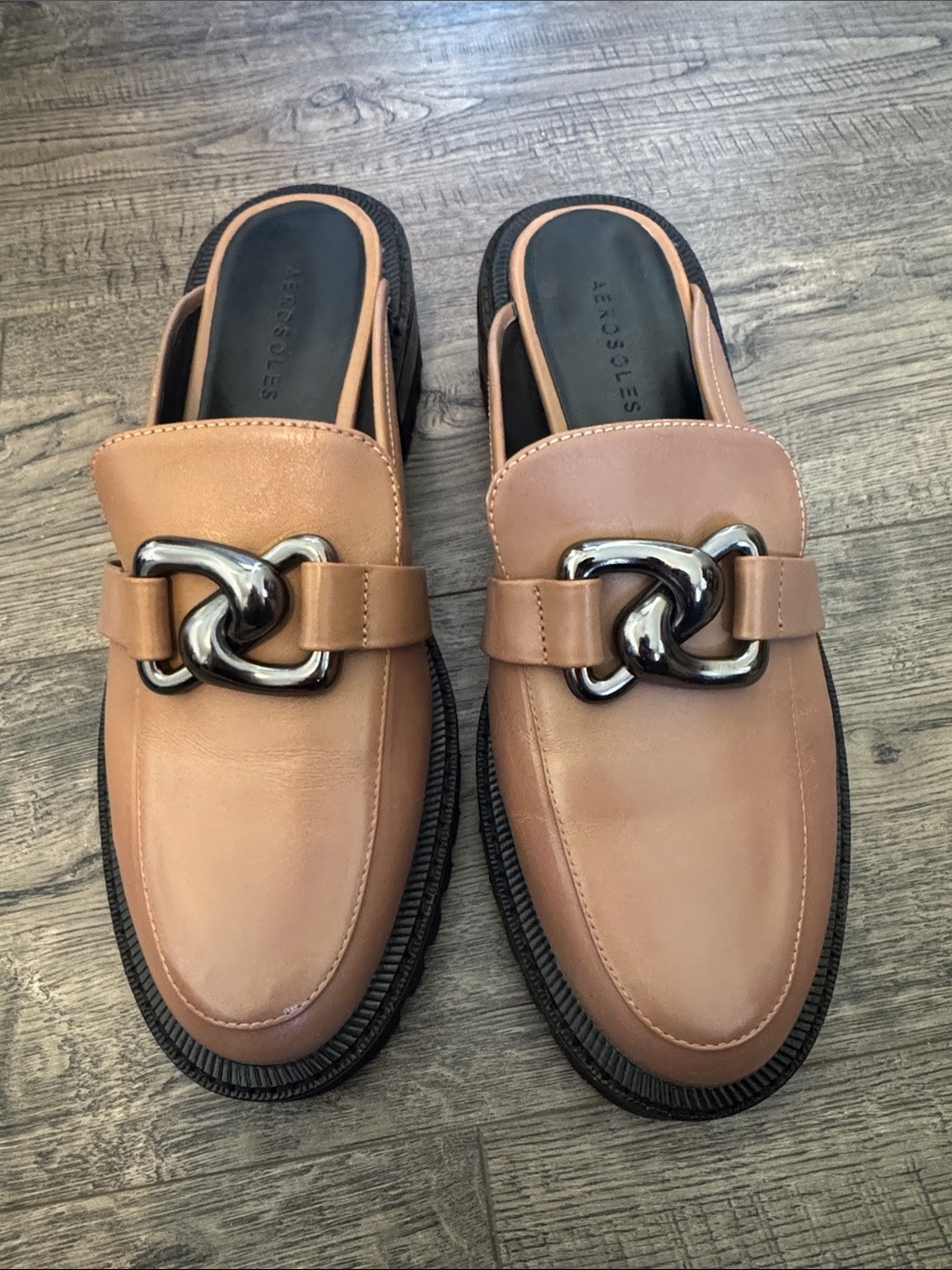 AEROSOLES Lowery Tan Leather Mule Chunky Loafers, Women’s size 8.5 NWOB